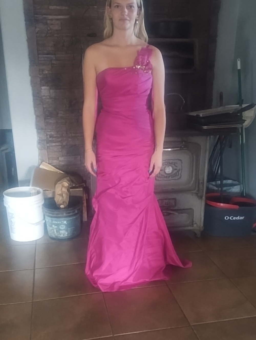One-Shoulder Hot Pink Formal Evening Gown